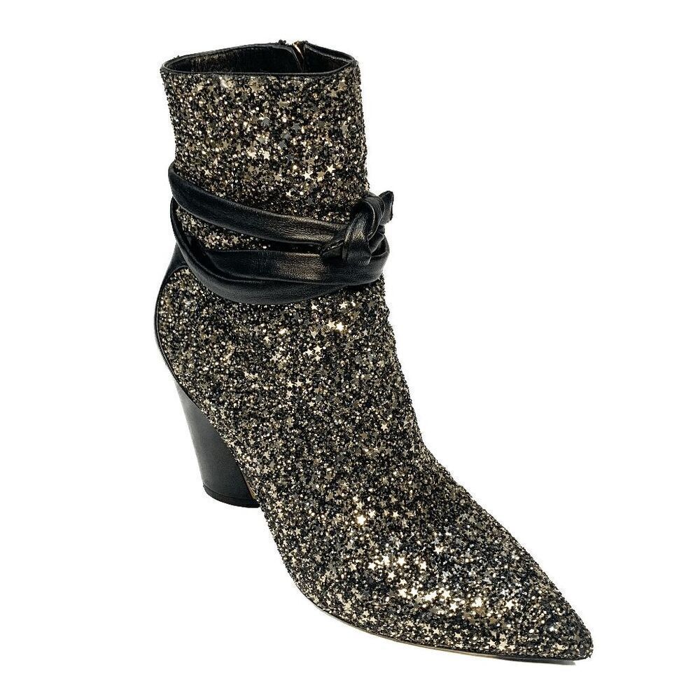 Jimmy Choo Henrietta Silver Glitter Star Leather Trim Ankle Booties EU 36 US 6